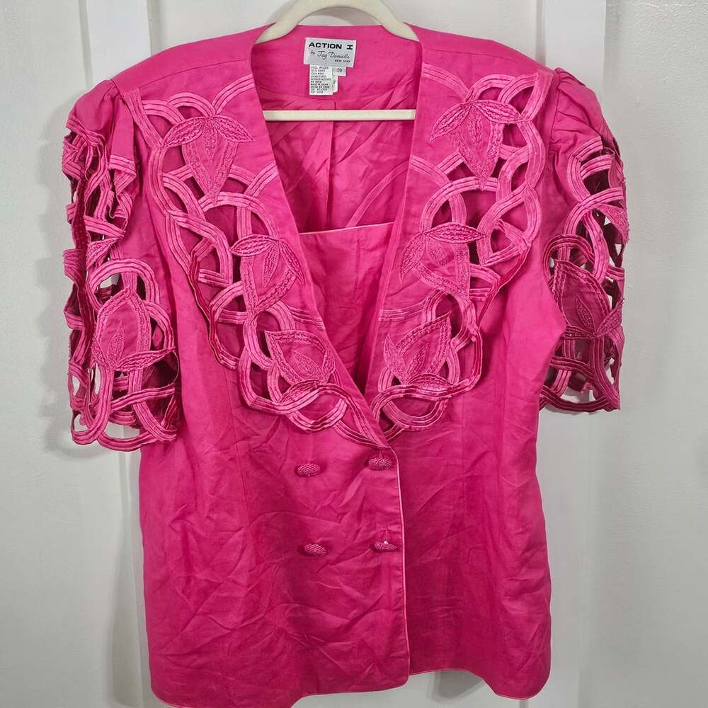 Vintage Action I Jay Daniels Pink Cutwork Beaded Ramie Jacket Top Size 20